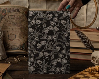 Gothic Floral Hardcover Journal, Spooky Human Skull Flower Dream Diary in Black & Cream. Dark Cottagecore Notebook Gift for Witchy Vibes