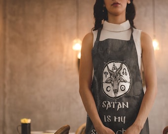 Satan Chef Apron. Satan is my sous chef. Funny goth black metal gift. Baphomet home cooks apron. Satanic foodie present. Occult witchcraft