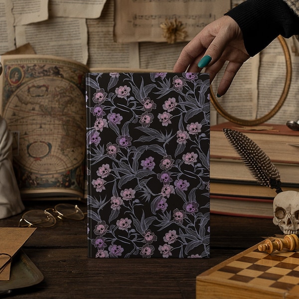 Pastel Goth Hardcover Journal, Fun Gothic Floral Lined Dream Diary in Whimsigoth Pink & Black. Spooky Notebook for Dark Witchy Rainbow Vibes