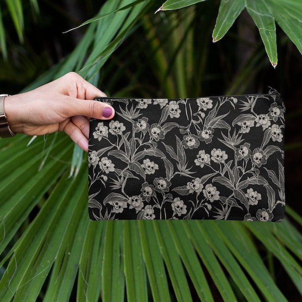 Gothic Floral Pouch, Spooky skull flower accessory clutch, makeup tote bag, or pencil carrying case. Macabre school gift for witchy souls