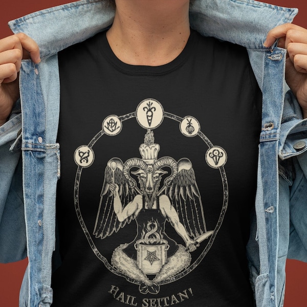 Hail Seitan Tshirt, Vegan chef Baphomet Short Sleeve Tee, Vegetarian metalhead gift, hardcore vegan shirt, funny satanic art, occult veggie