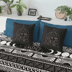Boho Goth Bedding, Witchy tribal striped duvet cover or pillow shams in black & white,an esoteric bedroom accent for occult home decor vibes