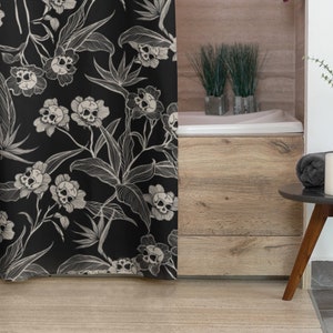 Goth Floral Shower Curtain, Spooky skull flower bath curtain, Gothic tiki bathroom decor,Witchy botanical bones home accent,Deadly beautiful image 1