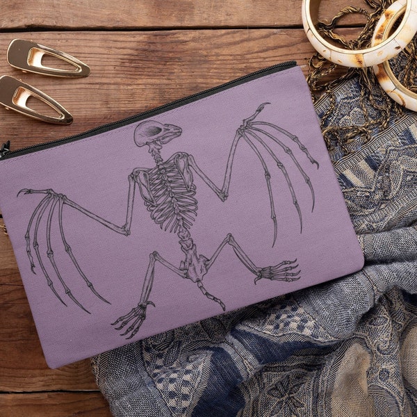 Bat Skeleton Pouch. Goth bat art accessory pouch. Purple anatomy pencil carrying case Spooky travel toiletry bag Gothic bat bones makeup bag