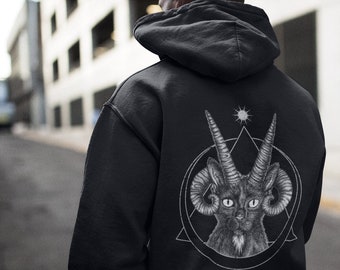 Demon Cat Hoodie, Witch Kitty Hooded Zip Sweatshirt, Occult black cat jacket, Satanic horned hebridean sheep hoodie Witchy Goth punk sweater