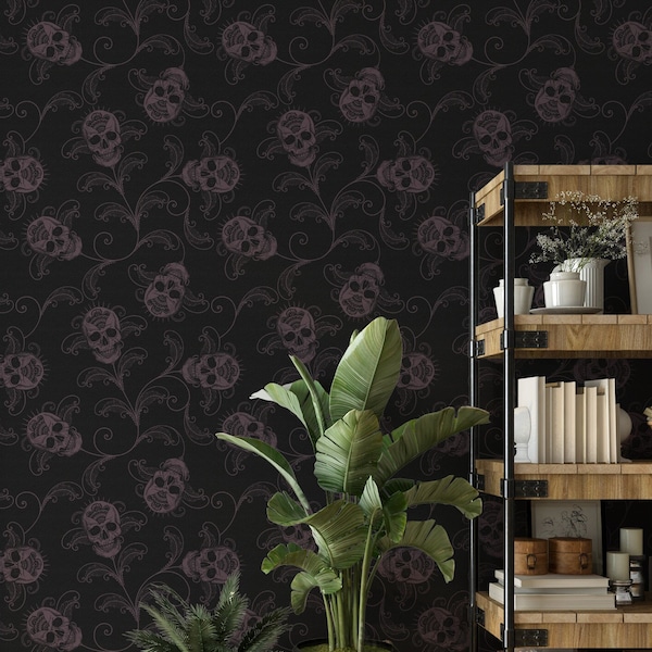 Elegant Skull Wallpaper | Macabre Gothic Floral Wall Mural | Peel & Stick | Ornate Filigree Vines Whimsigoth Dark Academia Home Decor Accent
