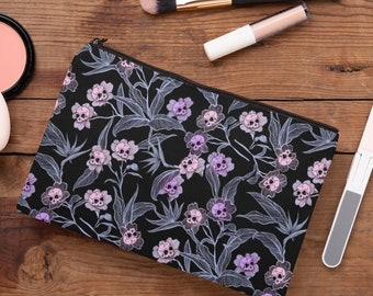 Pastel Goth Pouch, Spooky pink gothic floral skull accessory bag, makeup tote, or pencil case. Dark whimsigoth school gift for witchy souls