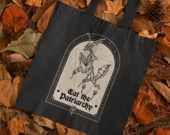 Eat the Patriarchy Tote, Occult Feminist Praying Ghost Mantis Organic Cotton Reusable Shopping Bag,Goth Black Canvas Pro-choice Gift for Her