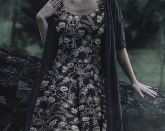 Gothic floral dress, Death Flowers Skater Dress, Spooky tiki tank sun dress,Goth botanical skull fashion little black dress,Casual witch top