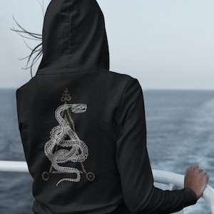 Occult Snake Hoodie, Goth Serpent Skeleton Hooded Sweatshirt, Satanic snake bones sweater, witchy dark fashion pullover tee, Black metal top