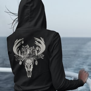 Yule Skull Hoodie, Gothic pagan winter solstice hooded sweatshirt w/ spooky xmas reindeer head adorned with holly, mistletoe & viking runes