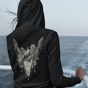 Yule Goat Hoodie, pagan holiday sweater, occult christmas pullover, witchy skull jacket, goth xmas clothing, metalhead winter solstice gift