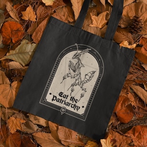 Eat the Patriarchy Tote, Occult Feminist Praying Ghost Mantis Organic Cotton Reusable Shopping Bag,Goth Black Canvas Pro-choice Gift for Her