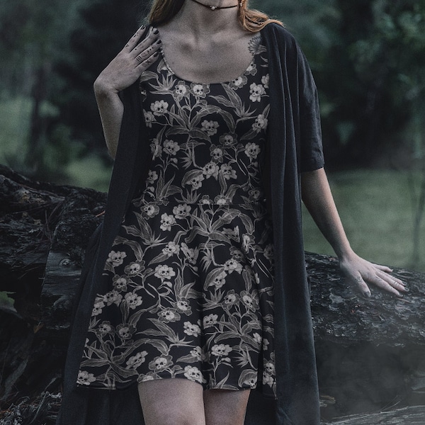 Gothic floral dress, Death Flowers Skater Dress, Spooky tiki tank sun dress,Goth botanical skull fashion little black dress,Casual witch top