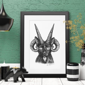 Demon Cat Print, hebridean sheep kitty wall art, demonic animal matte poster Occult black cat wall hanging Satanic horned kitten goth decor