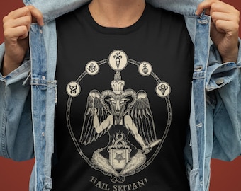 Koszulka z krótkim rękawem Hail Seitan, wegański szef kuchni Baphomet, prezent dla wegetariańskiego metalowca, hardcore'owa wegańska koszulka, zabawna sztuka satanistyczna, okultystyczna wegetariańska