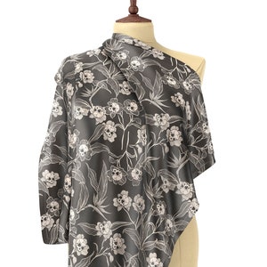 Gothic Floral Sheer Scarf, Elegant spooky tiki skull flower poly voile headscarf, altar cloth or neckwear fashion accessory in black & cream image 1