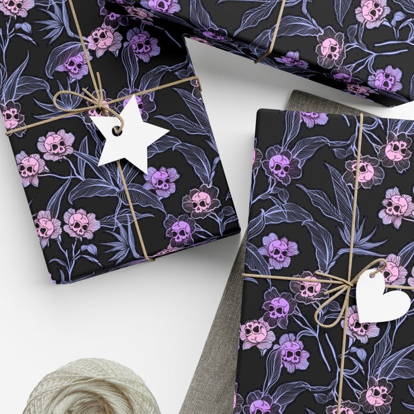 Pastel Goth Gift Wrap, Spooky yet elegant macabre floral craft or wrapping paper w/ pale pink & purple deadly beautiful skull flowers