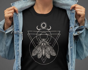 Occult Cicada Tee, Sun Moon Moth Shirt, Sacred Geometry Locust Top, Witchy Summer Tshirt, Goth Metal Symbolism Gift, Satanic Insect Art Tee