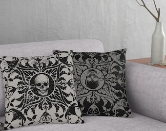 Gothic Skull Throw Pillow - Spooky Victorian Black & White Reversible Couch Pillowcase - A Dark Macabre Home Decor Accent for Witchy Souls