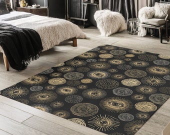 Occult Eye Rug, Black & gold abstract esoteric geometric circle outdoor patio area carpet, A witchy home decor accent for dark academia vibe