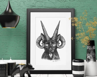 Demon Cat Print, hebridean sheep kitty wall art, demonic animal matte poster Occult black cat wall hanging Satanic horned kitten goth decor