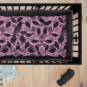 Pink Raven Crib Sheets, Witchy gothic watercolor baby cot bedding, pastel goth magick floral infant nursery decor for spooky mom baby shower