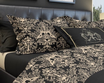 Damask Bones Bedding, Macabre Victorian Goth Skull Duvet Cover & Pillow Sham for King, Queen, or Twin bed. A spooky accent to bedroom decor