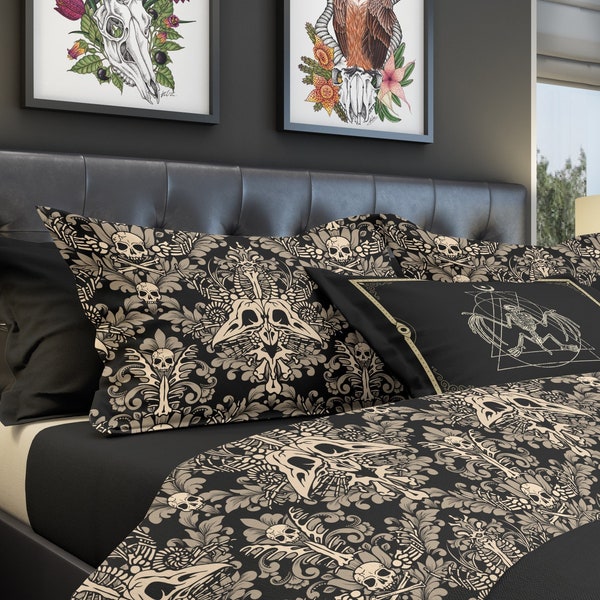Damask Bones Bedding, Macabre Victorian Goth Skull Duvet Cover & Pillow Sham for King, Queen, or Twin bed. A spooky accent to bedroom decor