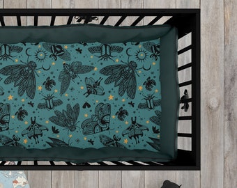 Witchy Cicada Crib Sheet | Esoteric teal moth & scarab beetle Nursery Decor | Occult baby shower gift for colorful cottagecore goth mom