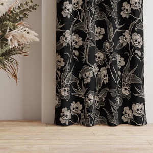 Gothic floral curtain, Elegant macabre skull flowers window curtains in blackout or sheer for a spooky accent to any dark witchy home decor