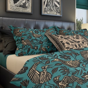 Floral Skeleton Bedding, Macabre linocut botanical folk art Duvet Cover & Pillow Sham w/ bird skulls and flowers in teal for goth bedroom