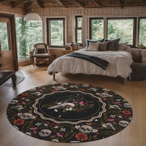 Dark Cottagecore Rug - Gothic Round Area Carpet with Macabre Floral Skull Accents - Add an Eerie Enchanting Charm to your Spooky Home Decor