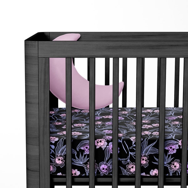 Pastel Goth Crib Sheets, Spooky skull flower infant cot sheets in pink purple & black, a beautiful macabre baby shower gift for gothic mom