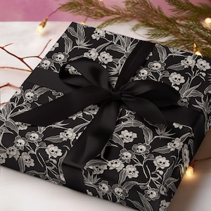 Gothic Floral Wrapping Paper, Spooky yet elegant macabre botanical yule craft or gift wrap w deadly beautiful dark cottagecore skull flowers