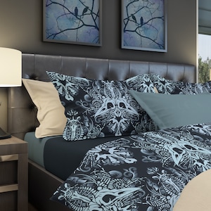 Goth Victorian Bedding, Macabre Damask Bones Skull Duvet Cover & Pillow Sham for King, Queen, Twin bed. A cool blue spooky accent to bedroom