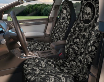Goth Floral Car Seat Covers - Dark Cottagecore Aesthetic Vehicle Upholstery - Set of 2 Macabre Spooky Tiki Witchy Van or Truck Decor Accent