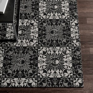 Gothic Checkered Rug with Moorish Style Skull Tiles - Indoor/Outdoor Area Carpet - Spooky Black & White - Macabre Dark Academia Home Decor
