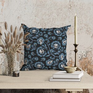 Victorian Gothic Throw Pillow or Pillowcase w/ Skull & Blue Floral Motif - Dark Academia Damask Bones Pattern - Goth Witch Home Decor Accent