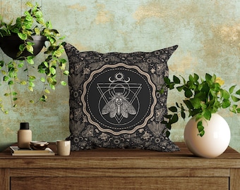 Witchy Cicada Pillow: Occult Esoteric Couch Accent - Dark Cottagecore Home Decor - Enchanting Gothic Witchcore Moth Faux Suede Throw Cushion