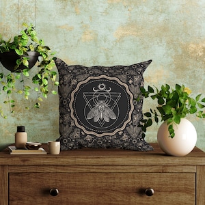 Witchy Cicada Pillow: Occult Esoteric Couch Accent - Dark Cottagecore Home Decor - Enchanting Gothic Witchcore Moth Faux Suede Throw Cushion