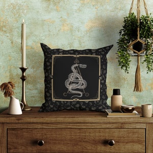 Occult Snake Throw Pillow - Gothic Decorative Cushion Pillowcase for a Witchy Satanic Bedroom Accent - Macabre Skeleton Halloween Home Decor