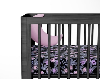 Pastel Goth Crib Sheets Spooky skull flower infant cot sheets in pink purple black a beautiful macabre baby shower gift for gothic mom