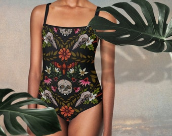 Forest Witch Swimsuit - Darkly Enchanting Retro One-Piece Swimwear w/ Skulls & Flowers - Perfect for a Gothic or Cottagecore Summer Look