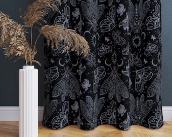 Esoteric Cicada Curtain, Witchy Goth Window Curtain w celestial moth & scarab print in black and blue. A mystical occult home decor accent