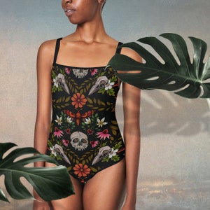 Forest Witch Swimsuit - Darkly Enchanting Retro One-Piece Swimwear w/ Skulls & Flowers - Perfect for a Gothic or Cottagecore Summer Look