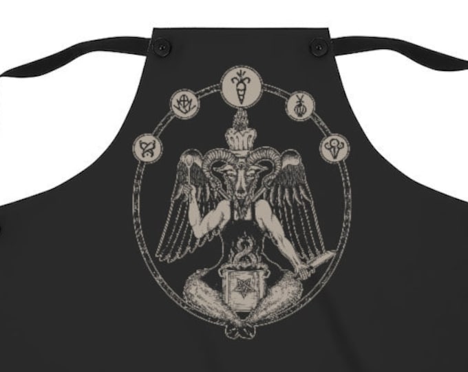 Tablier du chef Baphomet, cadeau satanique de cuisinier à domicile, tablier de chef Metalhead, cadeau de boulanger gothique, tablier païen occulte, vêtements de cuisine en métal noir, effrayant