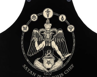 Baphomet Chef Apron, Satan Is My Sous Chef, Funny Occult Satanic Home Cook Gift, Goth Black Metal Witch Apron, Gothic Pagan Foodie Pinafore