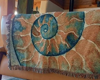 Woven Ammonite Blanket, Cotton spiral sea shell throw blanket, Beachy turquoise & gold home decor, Desert fossil fringe blanket bedding gift