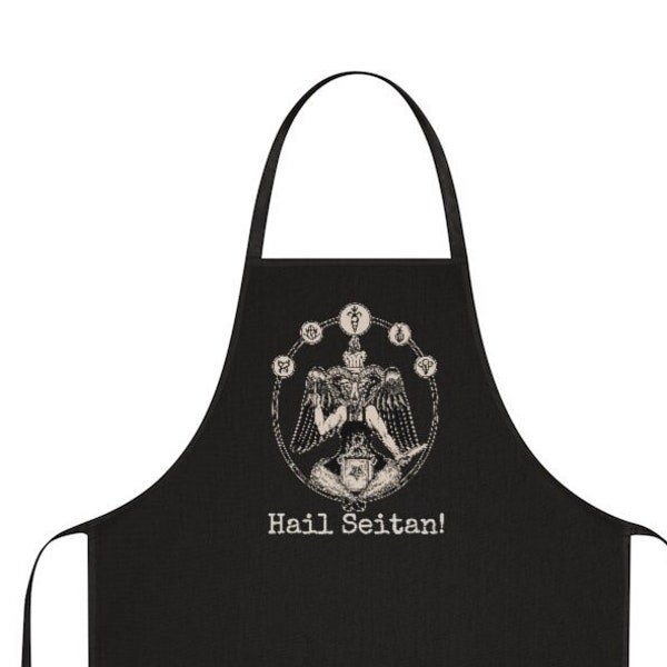 Vegan Cotton Apron, Hail Seitan funny goth vegetarian chef gift, Satanic baphomet plant based metalhead pinafore,Witchy veggie art home cook